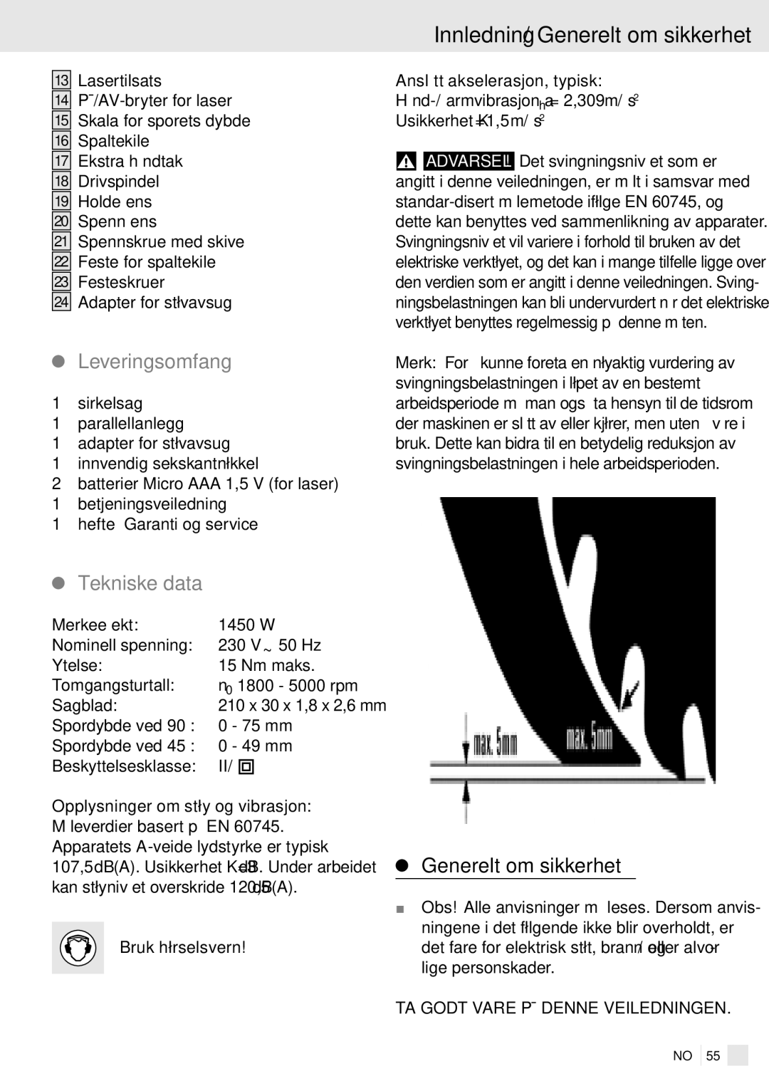 Kompernass PHKS 1450 LASER manual Innledning / Generelt om sikkerhet, Leveringsomfang, Tekniske data 